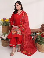 Yufta Red Floral Lace Work Straight Kurta And Trouser With Dupatta Set