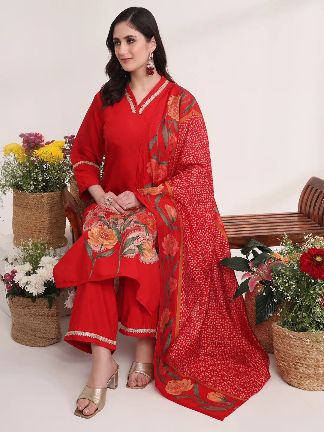 Yufta Red Floral Lace Work Straight Kurta And Trouser With Dupatta Set