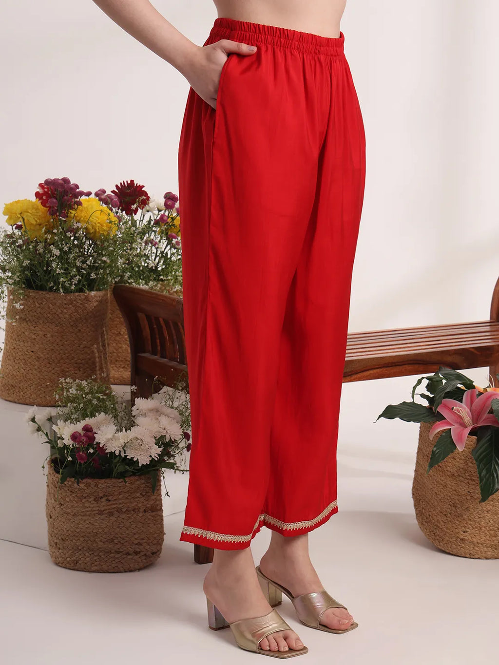 Yufta Red Floral Lace Work Straight Kurta And Trouser With Dupatta Set
