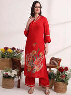 Yufta Red Floral Lace Work Straight Kurta And Trouser With Dupatta Set