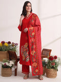 Yufta Red Floral Lace Work Straight Kurta And Trouser With Dupatta Set