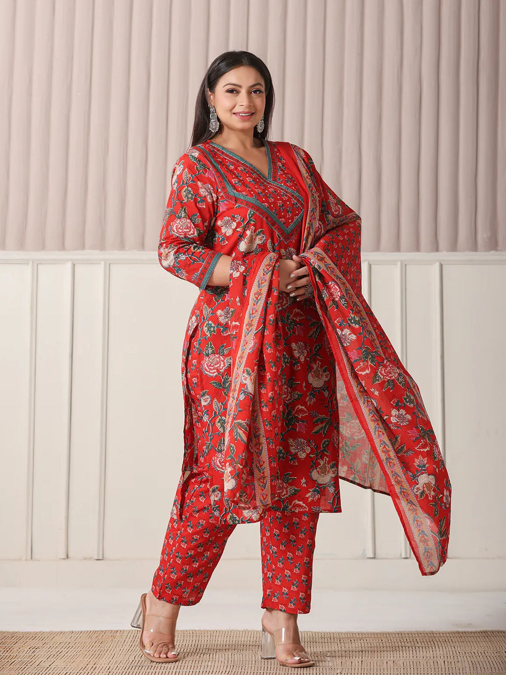 Yufta Red Floral Print Cotton Cutdana Work Plus Size Kurta Set With Pant & Dupatta