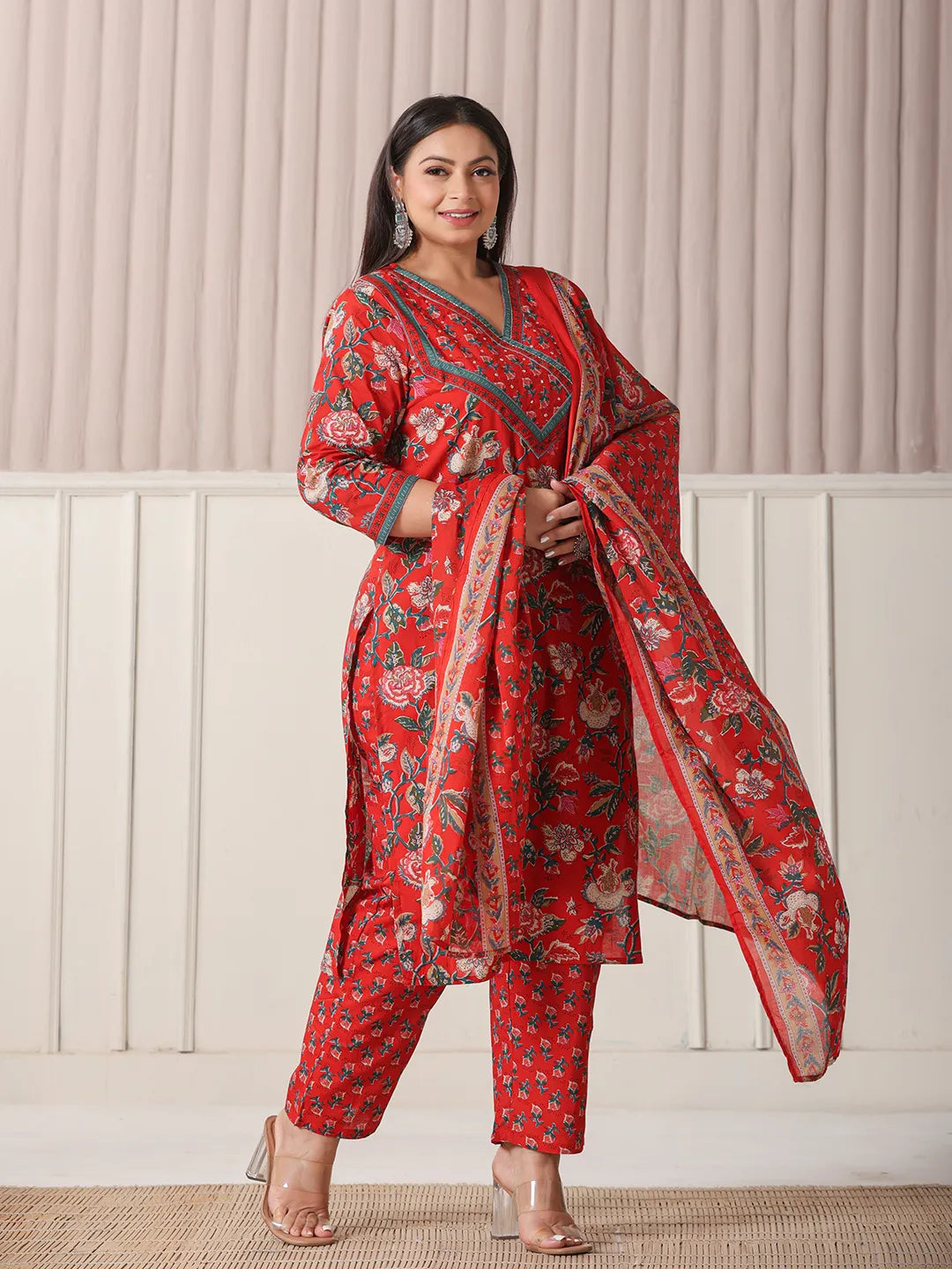 Yufta Red Floral Print Cotton Cutdana Work Plus Size Kurta Set With Pant & Dupatta