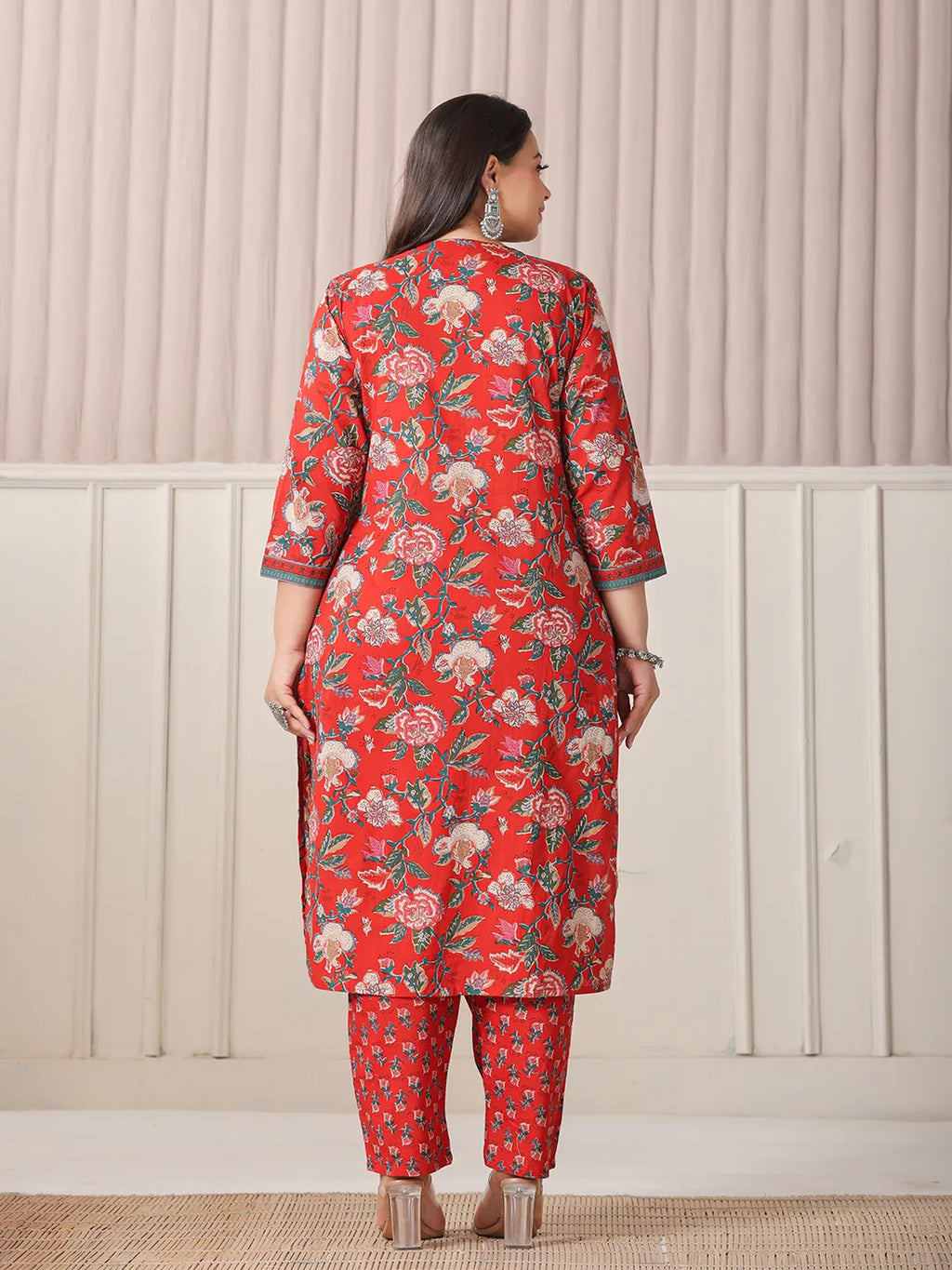 Yufta Red Floral Print Cotton Cutdana Work Plus Size Kurta Set With Pant & Dupatta
