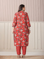 Yufta Red Floral Print Cotton Cutdana Work Plus Size Kurta Set With Pant & Dupatta