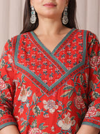 Yufta Red Floral Print Cotton Cutdana Work Plus Size Kurta Set With Pant & Dupatta