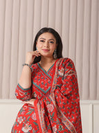 Yufta Red Floral Print Cotton Cutdana Work Plus Size Kurta Set With Pant & Dupatta