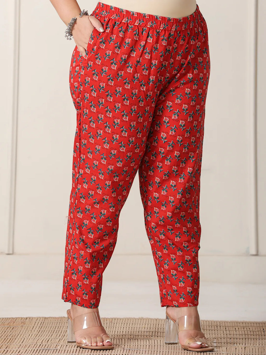 Yufta Red Floral Print Cotton Cutdana Work Plus Size Kurta Set With Pant & Dupatta