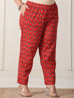 Yufta Red Floral Print Cotton Cutdana Work Plus Size Kurta Set With Pant & Dupatta
