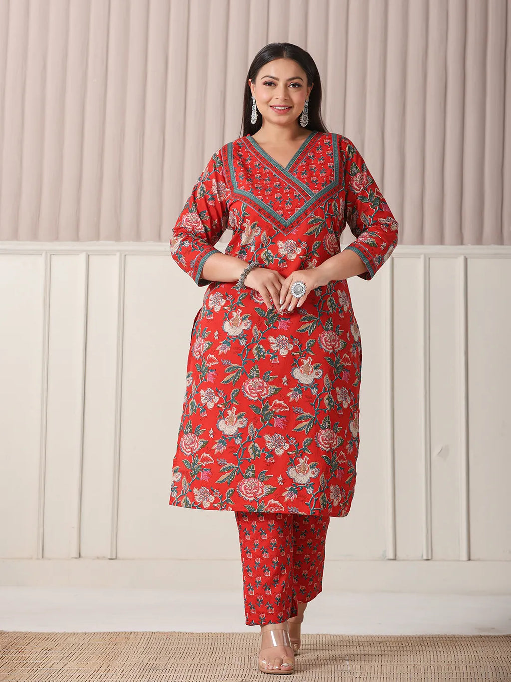Yufta Red Floral Print Cotton Cutdana Work Plus Size Kurta Set With Pant & Dupatta