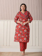 Yufta Red Floral Print Cotton Cutdana Work Plus Size Kurta Set With Pant & Dupatta