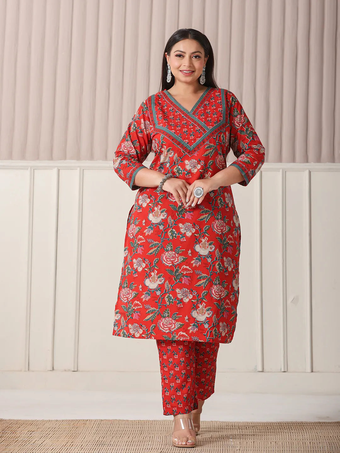 Yufta Red Floral Print Cotton Cutdana Work Plus Size Kurta Set With Pant & Dupatta