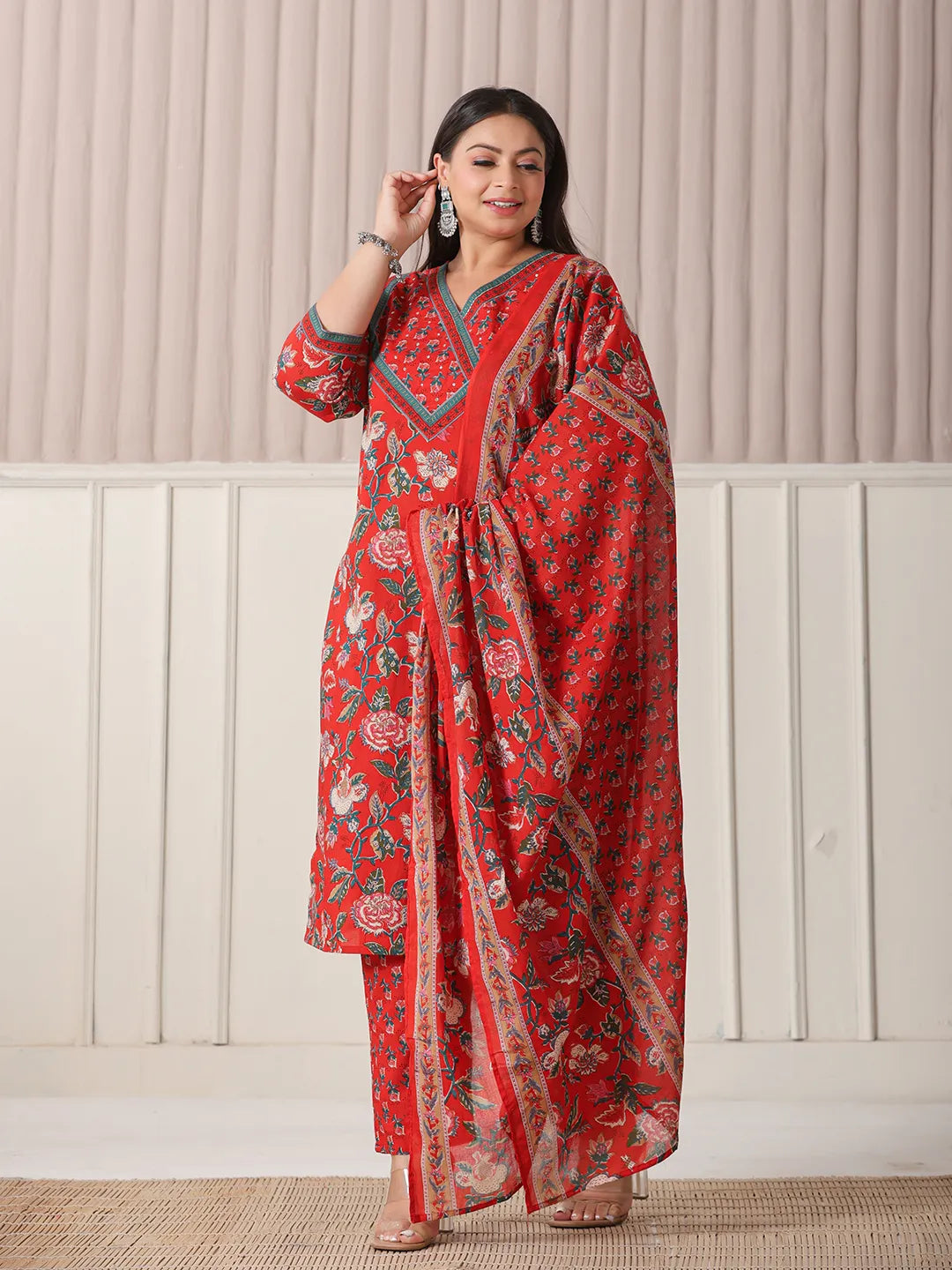 Yufta Red Floral Print Cotton Cutdana Work Plus Size Kurta Set With Pant & Dupatta