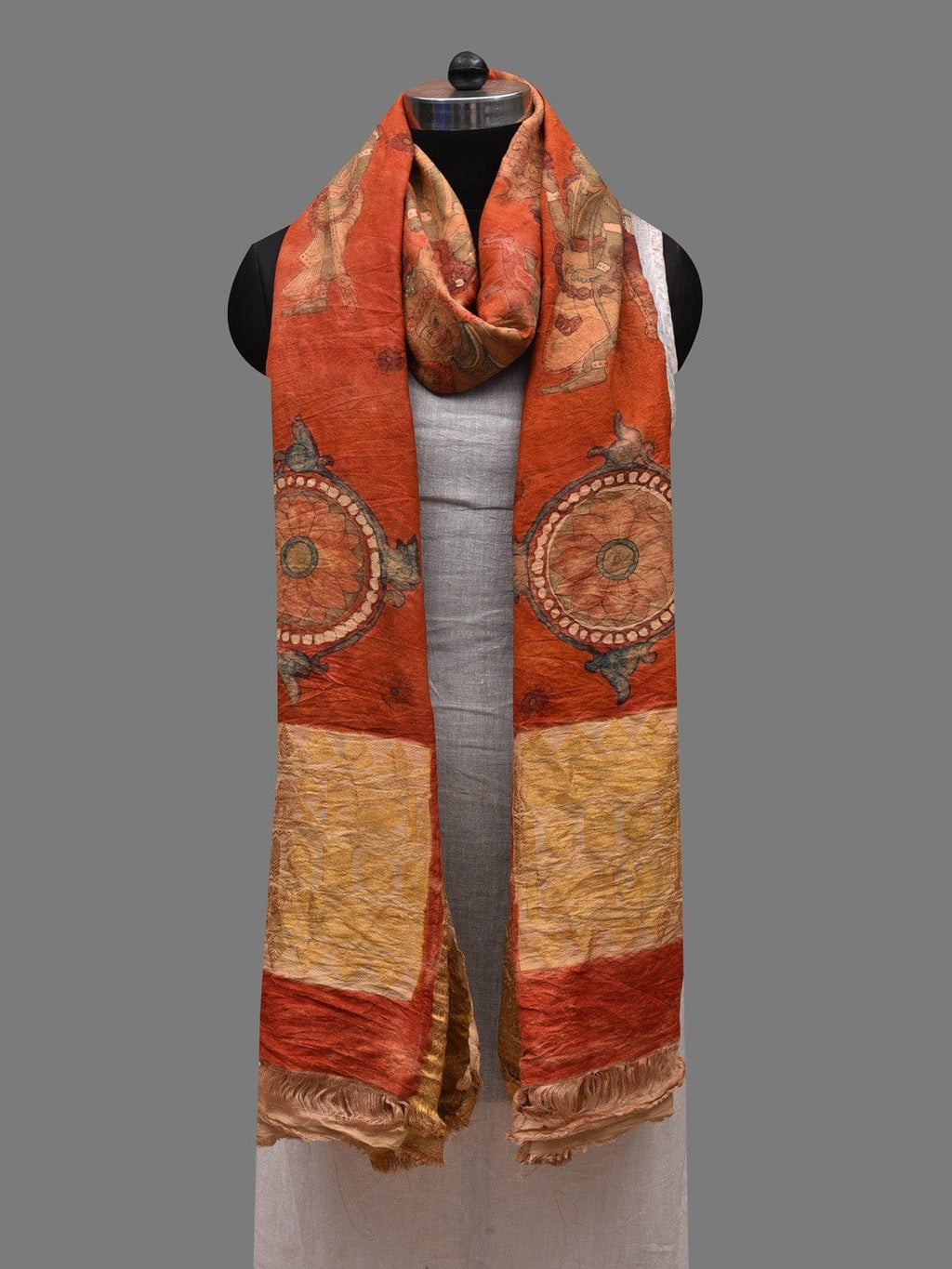 Red Kalamkari Hand Painted Kanchipuram Silk Handloom Dupatta with Dashavatar Design - Global Threads