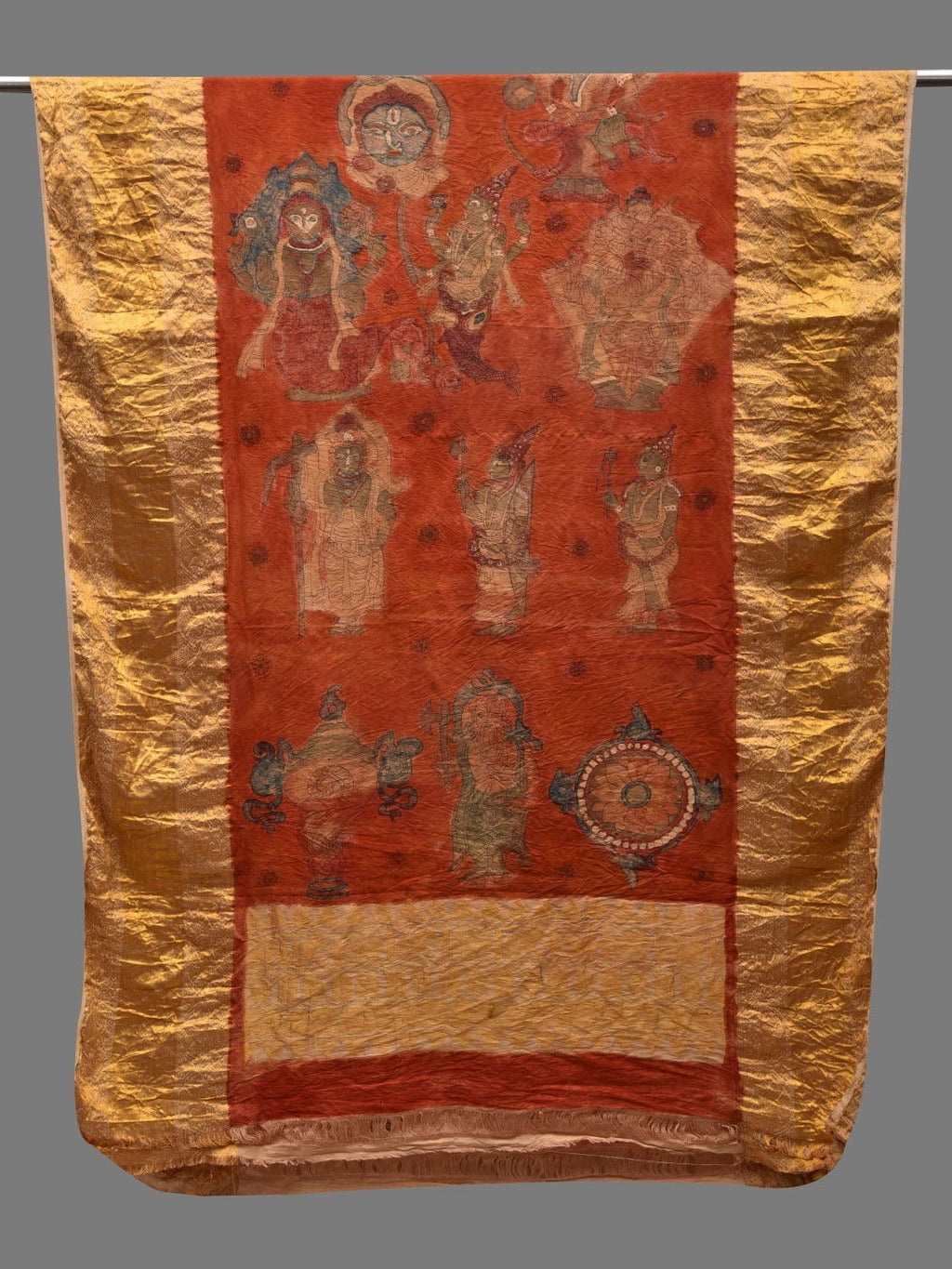 Red Kalamkari Hand Painted Kanchipuram Silk Handloom Dupatta with Dashavatar Design - Global Threads