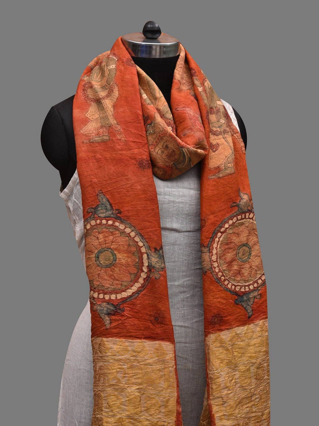 Red Kalamkari Hand Painted Kanchipuram Silk Handloom Dupatta with Dashavatar Design - Global Threads