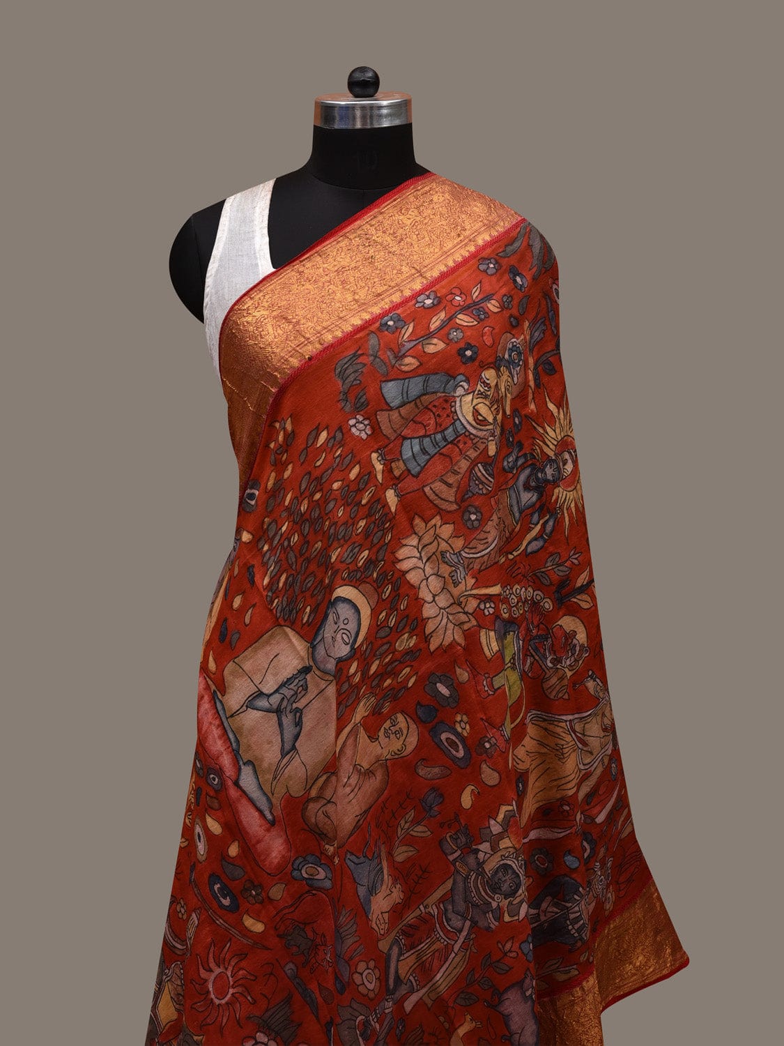 Red Kalamkari Hand Painted Kanchipuram Silk Handloom Dupatta with Dashavatar Design - Global Threads