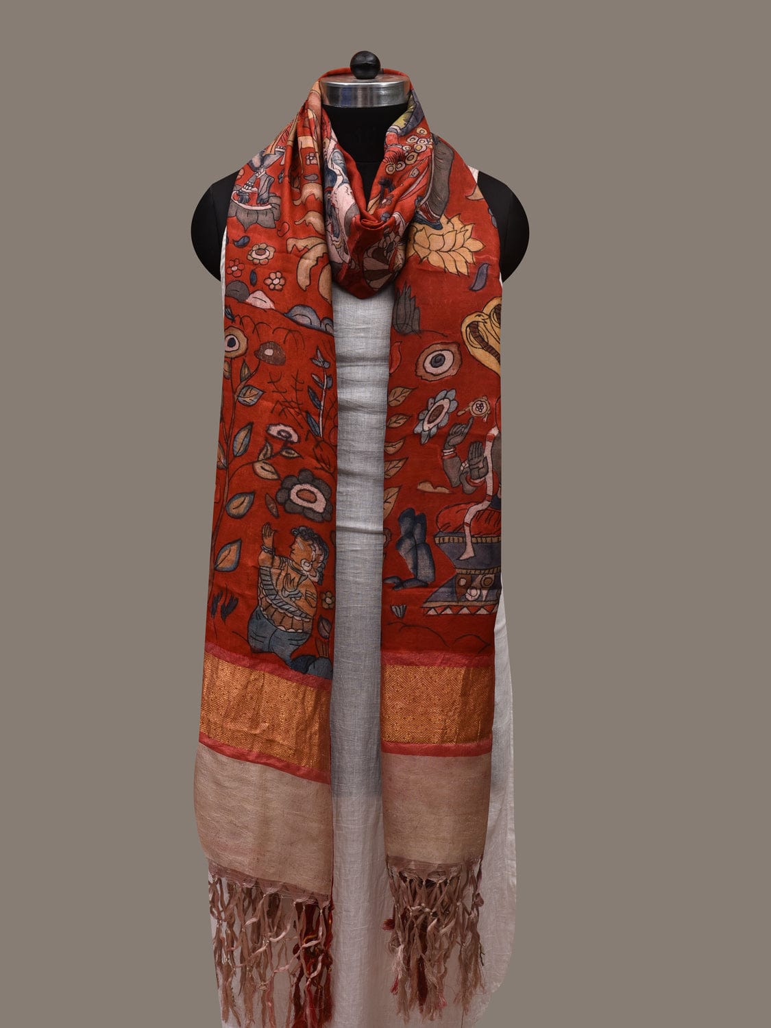 Red Kalamkari Hand Painted Kanchipuram Silk Handloom Dupatta with Dashavatar Design - Global Threads