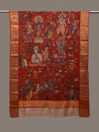 Red Kalamkari Hand Painted Kanchipuram Silk Handloom Dupatta with Dashavatar Design - Global Threads
