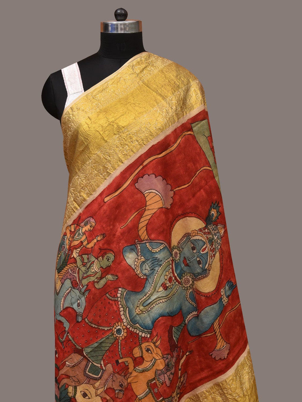 Red Kalamkari Hand Painted Kanchipuram Silk Handloom Dupatta with Krishna Design - Global Threads