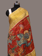 Red Kalamkari Hand Painted Kanchipuram Silk Handloom Dupatta with Krishna Design - Global Threads