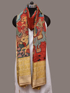 Red Kalamkari Hand Painted Kanchipuram Silk Handloom Dupatta with Krishna Design - Global Threads