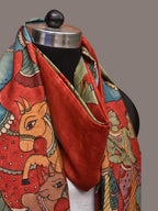 Red Kalamkari Hand Painted Kanchipuram Silk Handloom Dupatta with Krishna Design - Global Threads