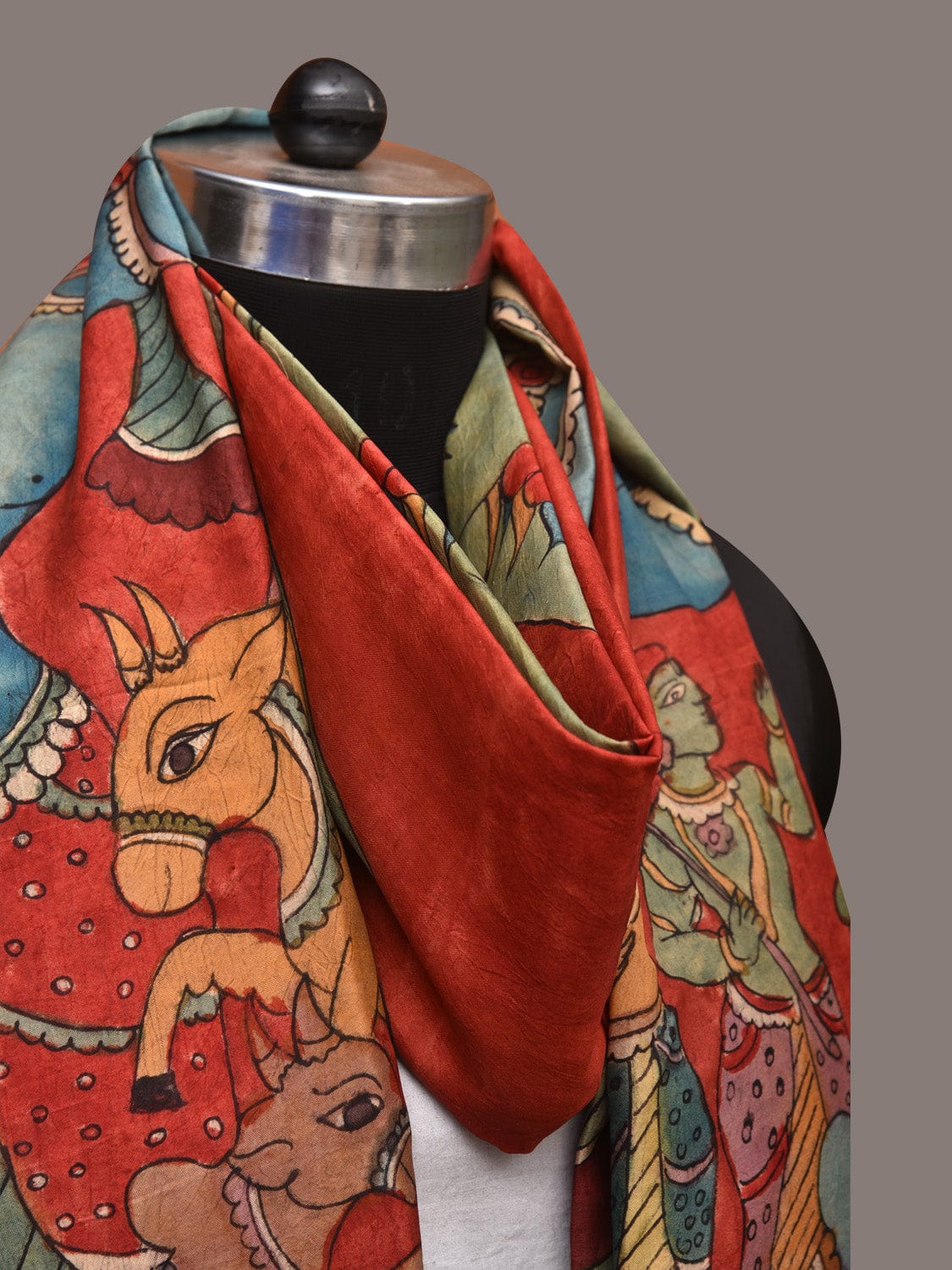 Red Kalamkari Hand Painted Kanchipuram Silk Handloom Dupatta with Krishna Design - Global Threads
