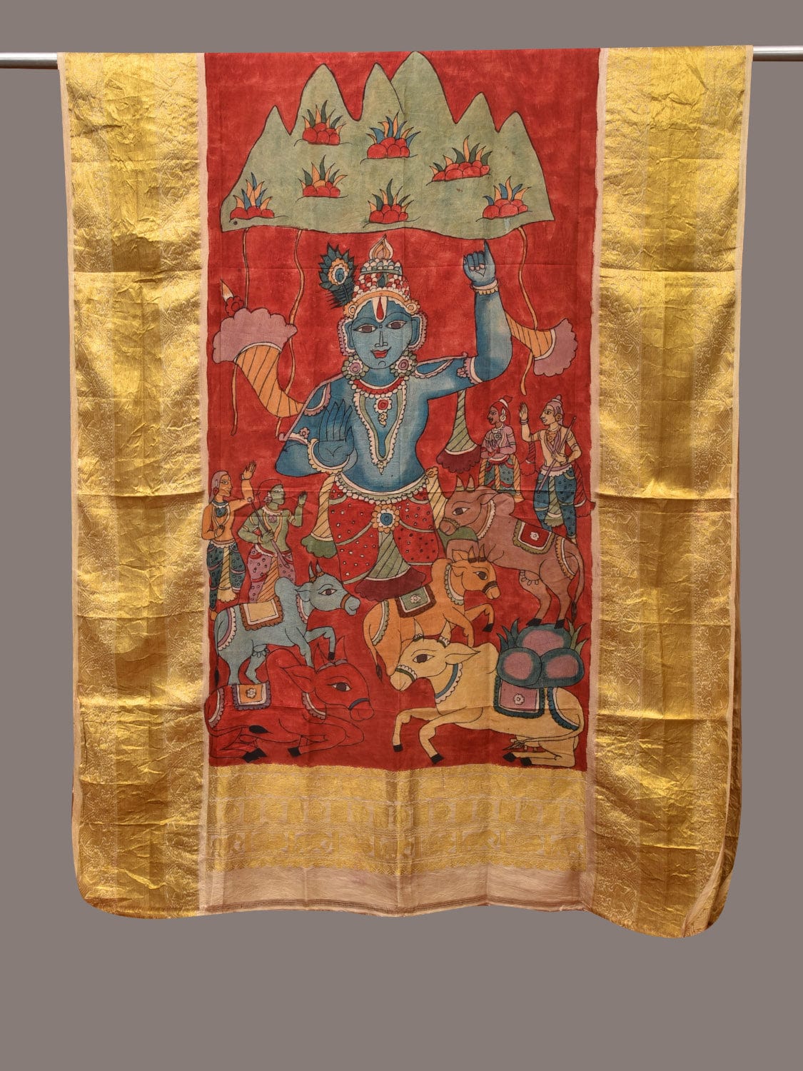 Red Kalamkari Hand Painted Kanchipuram Silk Handloom Dupatta with Krishna Design - Global Threads