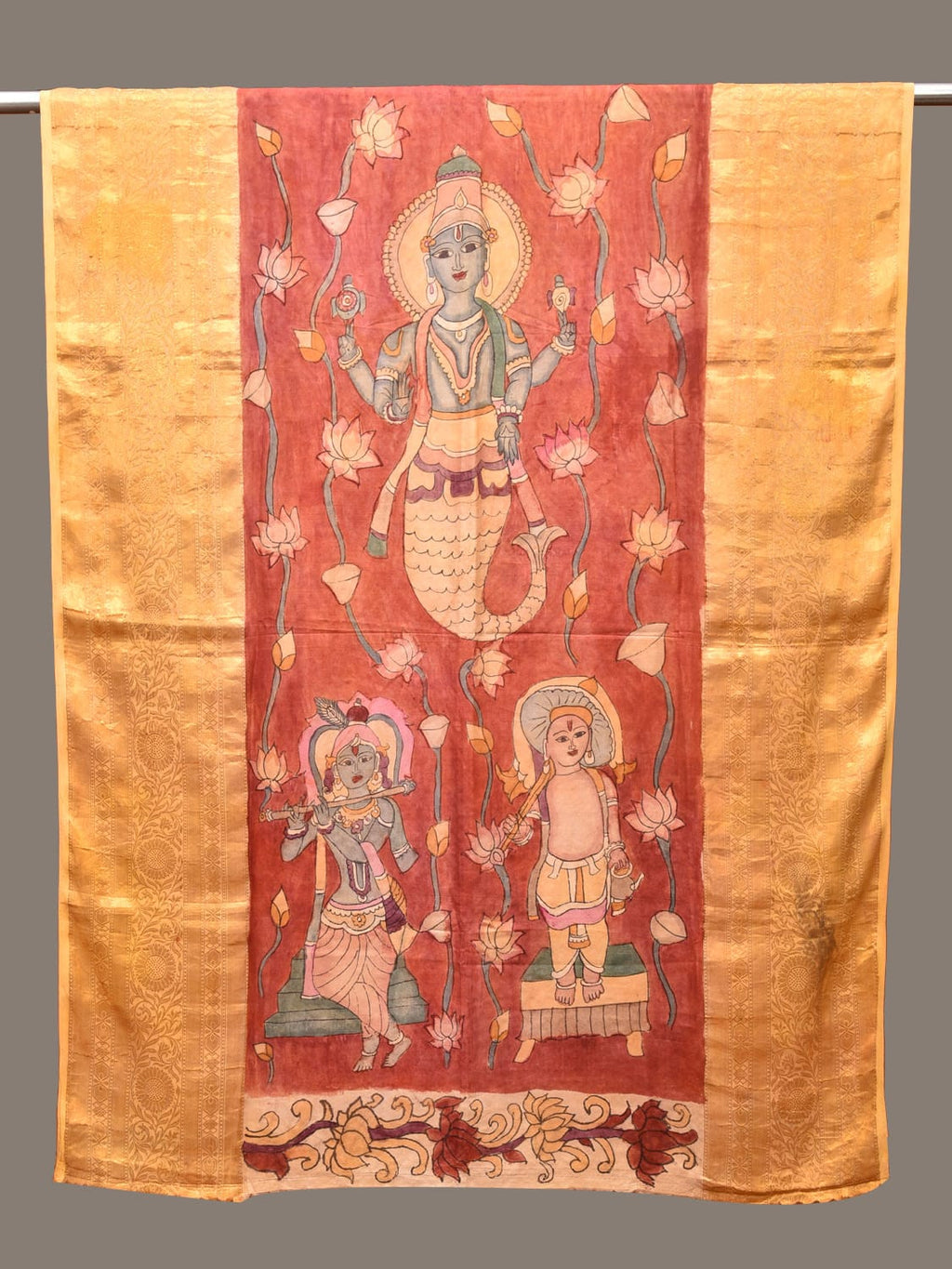 Red Kalamkari Hand Painted Kanchipuram Silk Handloom Dupatta with Lotus and God Design - Global Threads