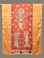 Red Kalamkari Hand Painted Kanchipuram Silk Handloom Dupatta with Lotus and God Design - Global Threads