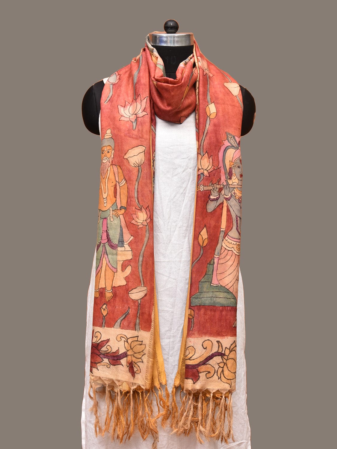 Red Kalamkari Hand Painted Kanchipuram Silk Handloom Dupatta with Lotus and God Design - Global Threads