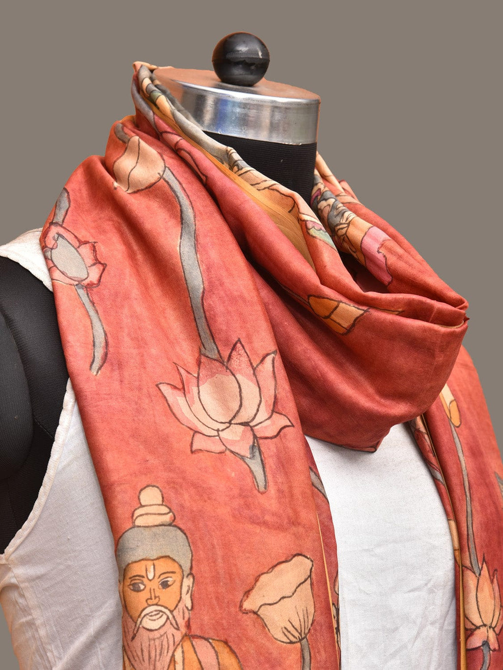 Red Kalamkari Hand Painted Kanchipuram Silk Handloom Dupatta with Lotus and God Design - Global Threads