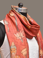 Red Kalamkari Hand Painted Kanchipuram Silk Handloom Dupatta with Lotus and God Design - Global Threads