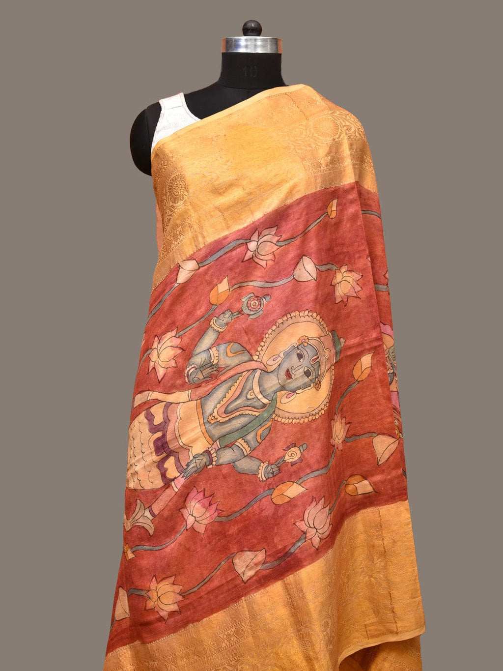 Red Kalamkari Hand Painted Kanchipuram Silk Handloom Dupatta with Lotus and God Design - Global Threads