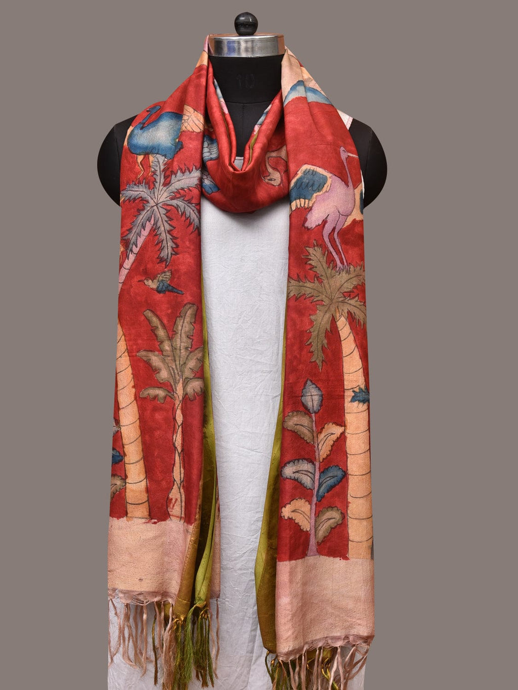 Red Kalamkari Hand Painted Kanchipuram Silk Handloom Dupatta with Mountains and Birds Design - Global Threads