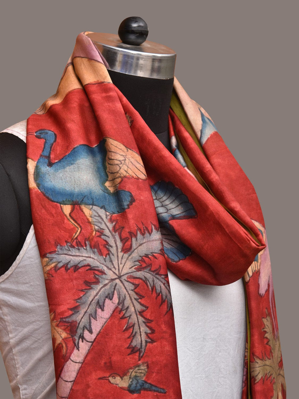 Red Kalamkari Hand Painted Kanchipuram Silk Handloom Dupatta with Mountains and Birds Design - Global Threads