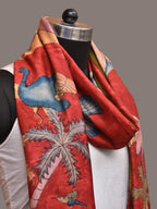 Red Kalamkari Hand Painted Kanchipuram Silk Handloom Dupatta with Mountains and Birds Design - Global Threads