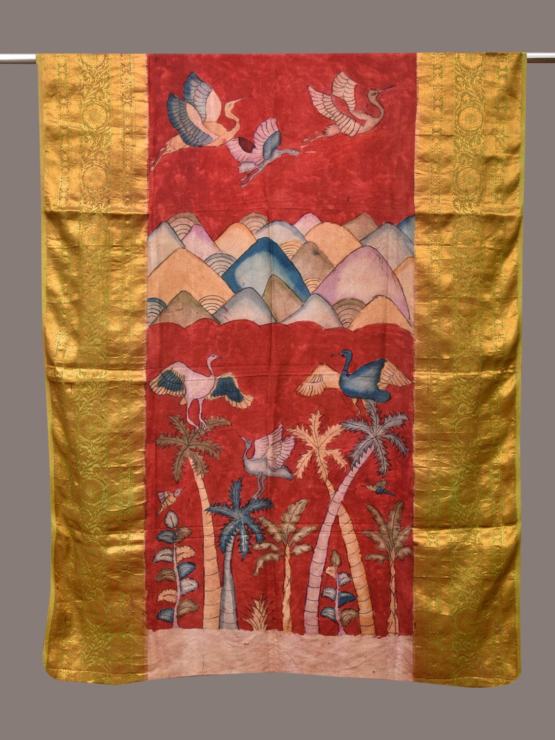 Red Kalamkari Hand Painted Kanchipuram Silk Handloom Dupatta with Mountains and Birds Design - Global Threads