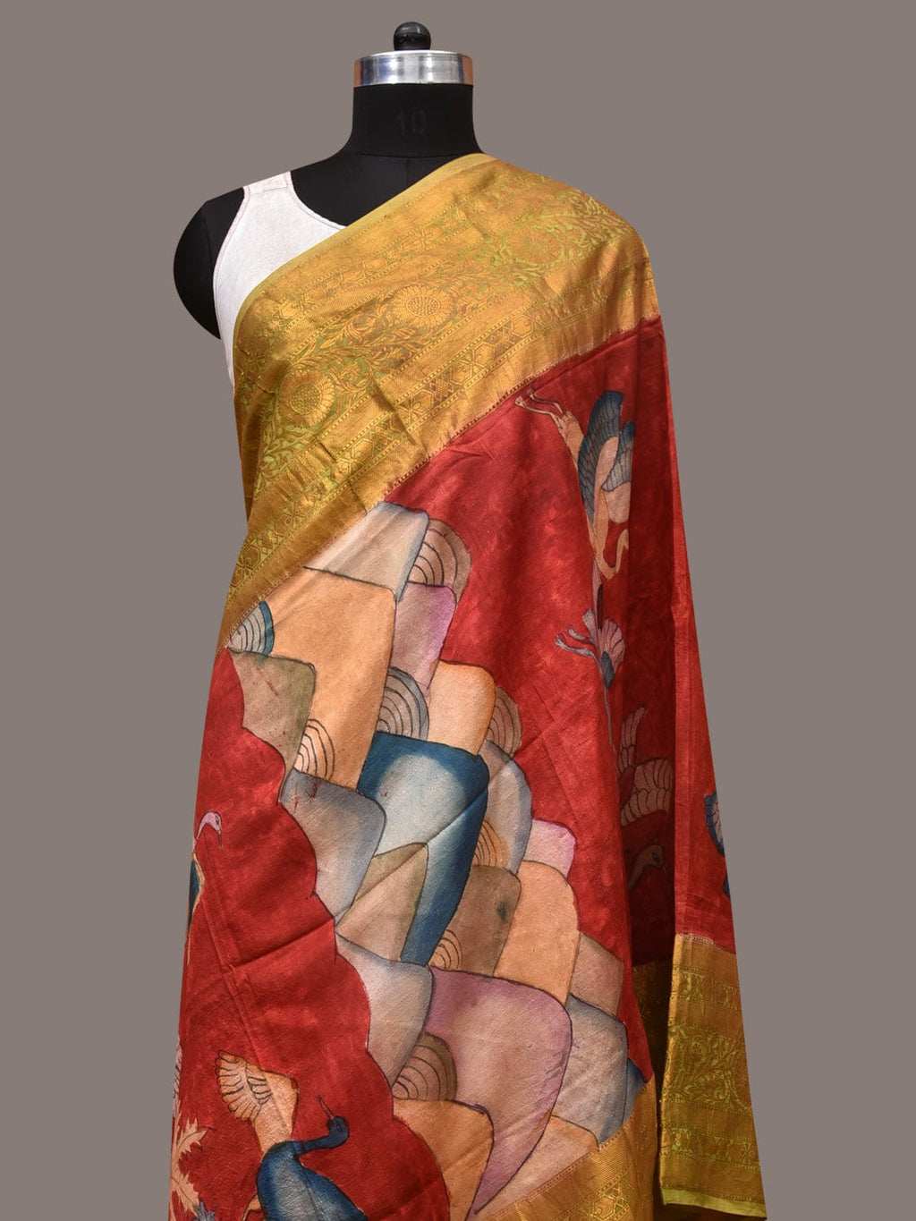 Red Kalamkari Hand Painted Kanchipuram Silk Handloom Dupatta with Mountains and Birds Design - Global Threads