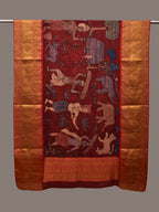 Red Kalamkari Hand Painted Kanchipuram Silk Handloom Dupatta with Village Design - Global Threads