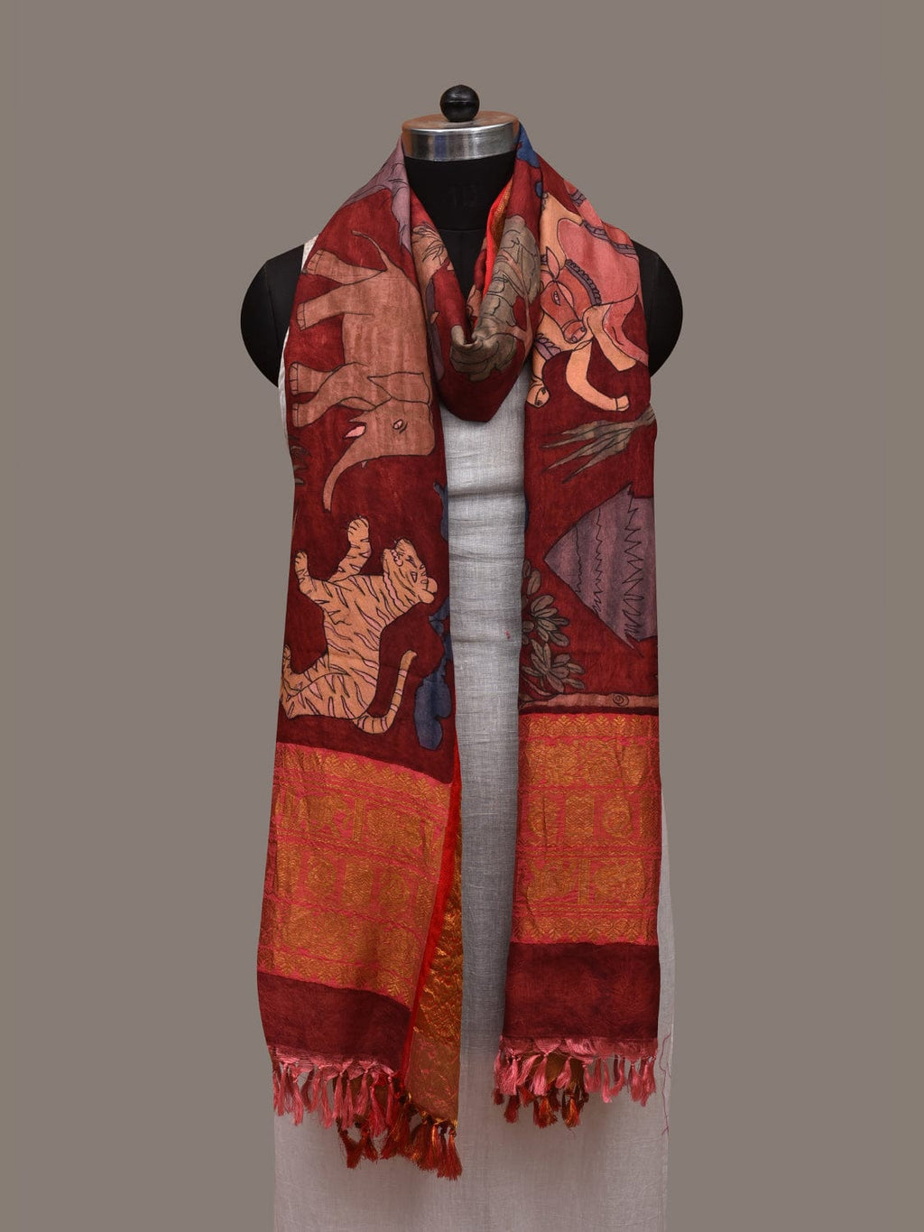 Red Kalamkari Hand Painted Kanchipuram Silk Handloom Dupatta with Village Design - Global Threads