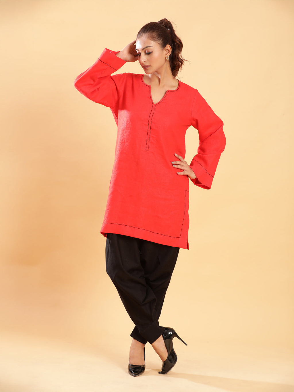 BohoJazz Red Threadwork Kurti with Black Harem Pants Co-ord Set - Distacart