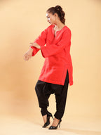 BohoJazz Red Threadwork Kurti with Black Harem Pants Co-ord Set - Distacart