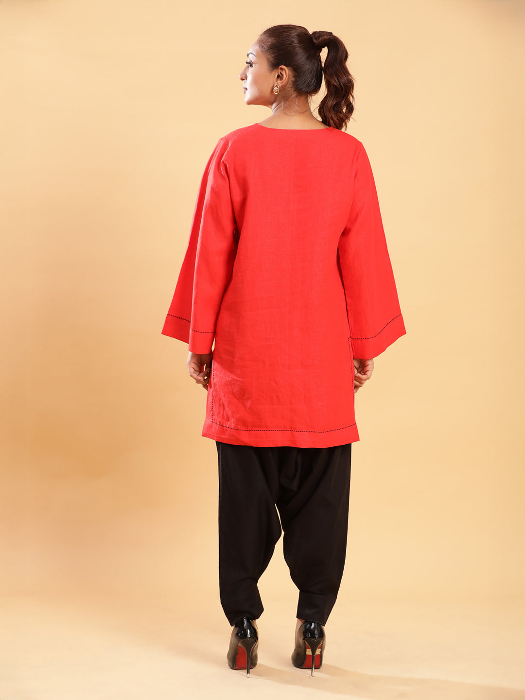 BohoJazz Red Threadwork Kurti with Black Harem Pants Co-ord Set - Distacart