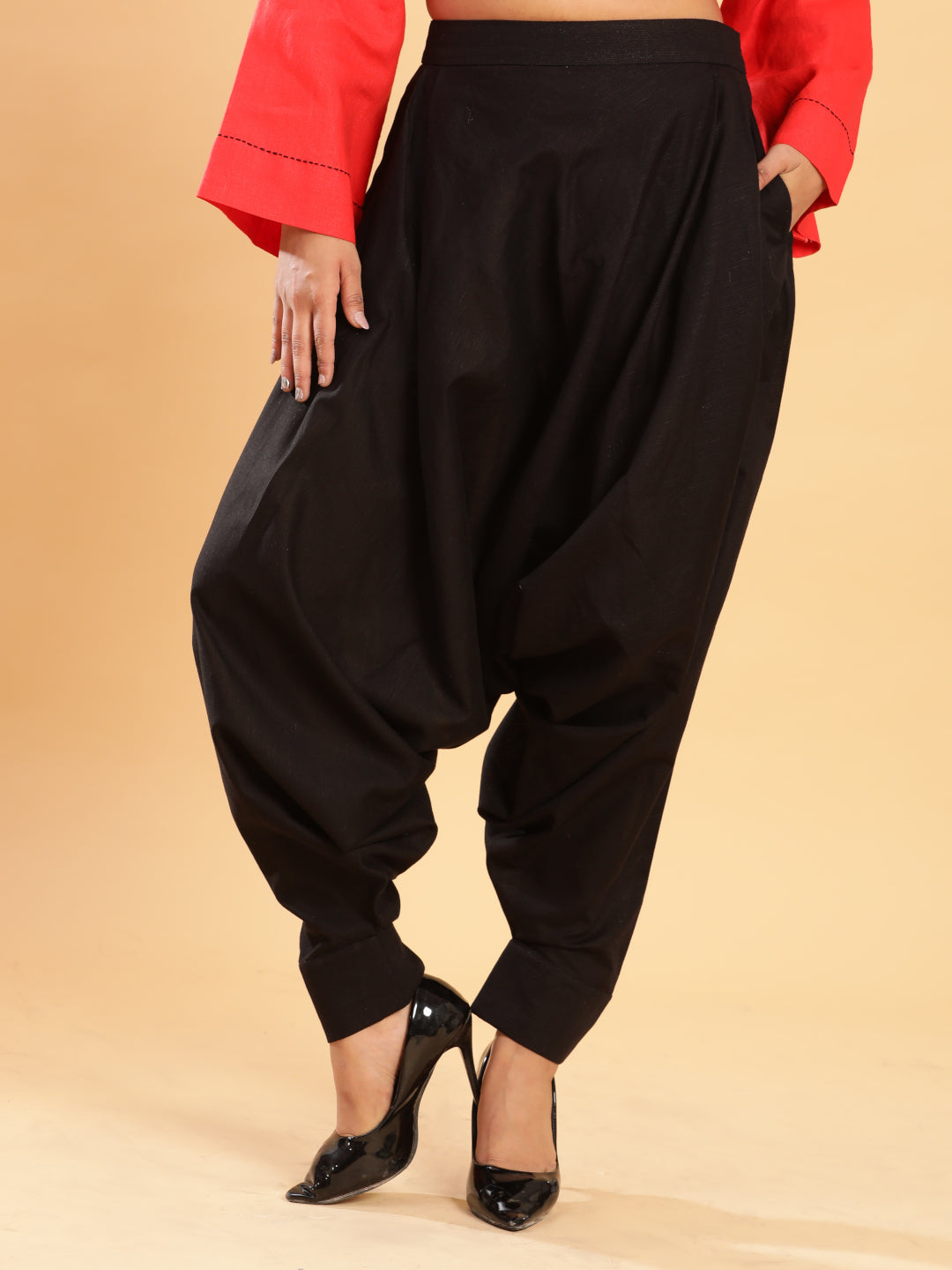 BohoJazz Red Threadwork Kurti with Black Harem Pants Co-ord Set - Distacart