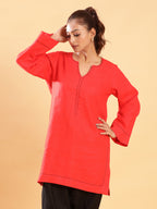 BohoJazz Bell Sleeves Red Linen Kurti Top with Threadwork - Distacart