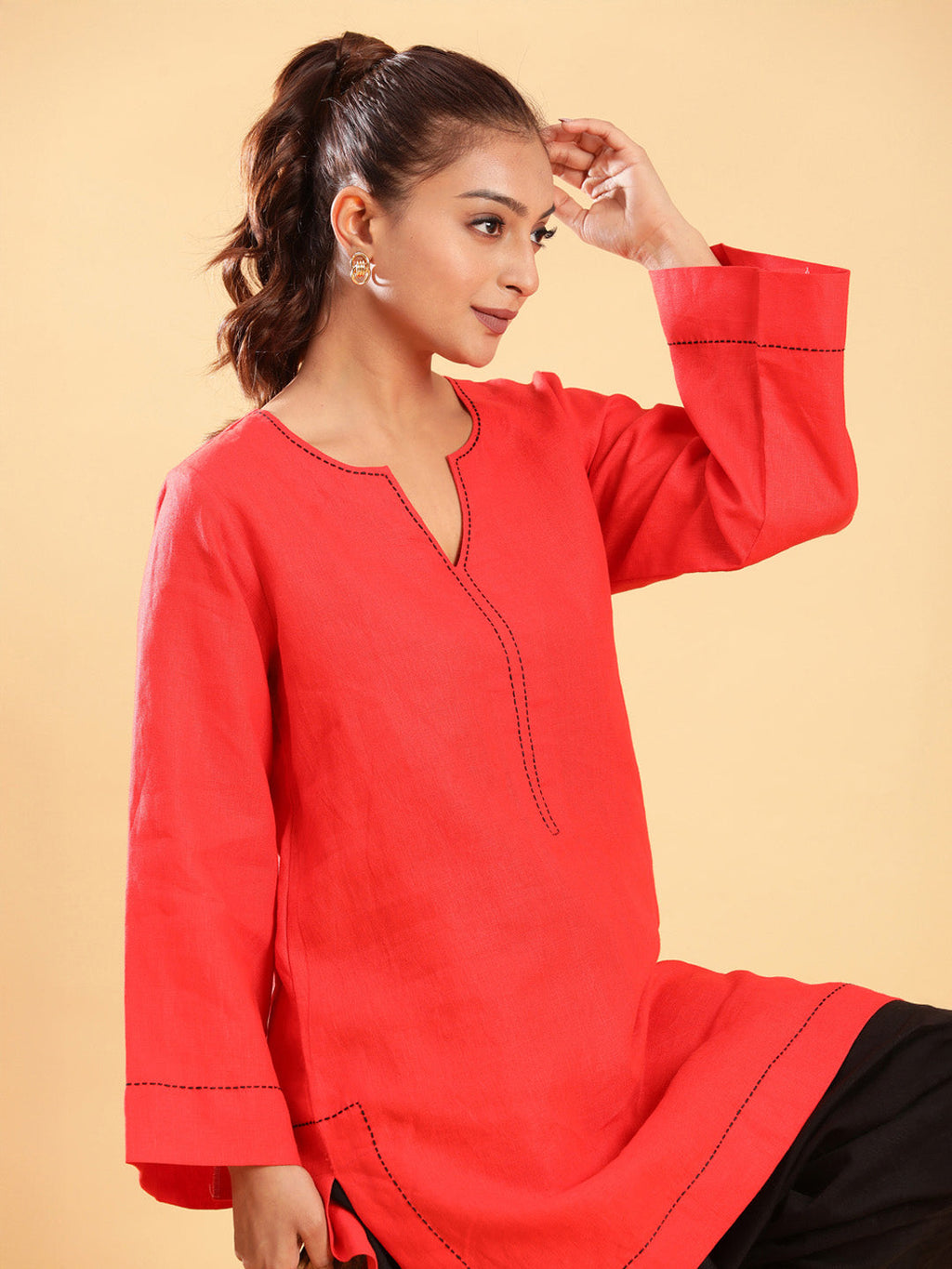 BohoJazz Bell Sleeves Red Linen Kurti Top with Threadwork - Distacart