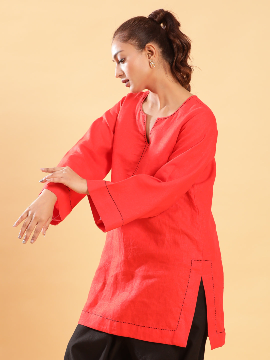 BohoJazz Bell Sleeves Red Linen Kurti Top with Threadwork - Distacart