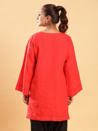 BohoJazz Bell Sleeves Red Linen Kurti Top with Threadwork - Distacart